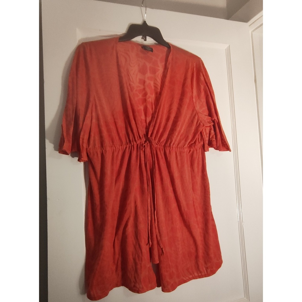 Faded Glory Women's 1X Coral Tie Waist Swim Cover Up Sheer Kimono Beach Tunic